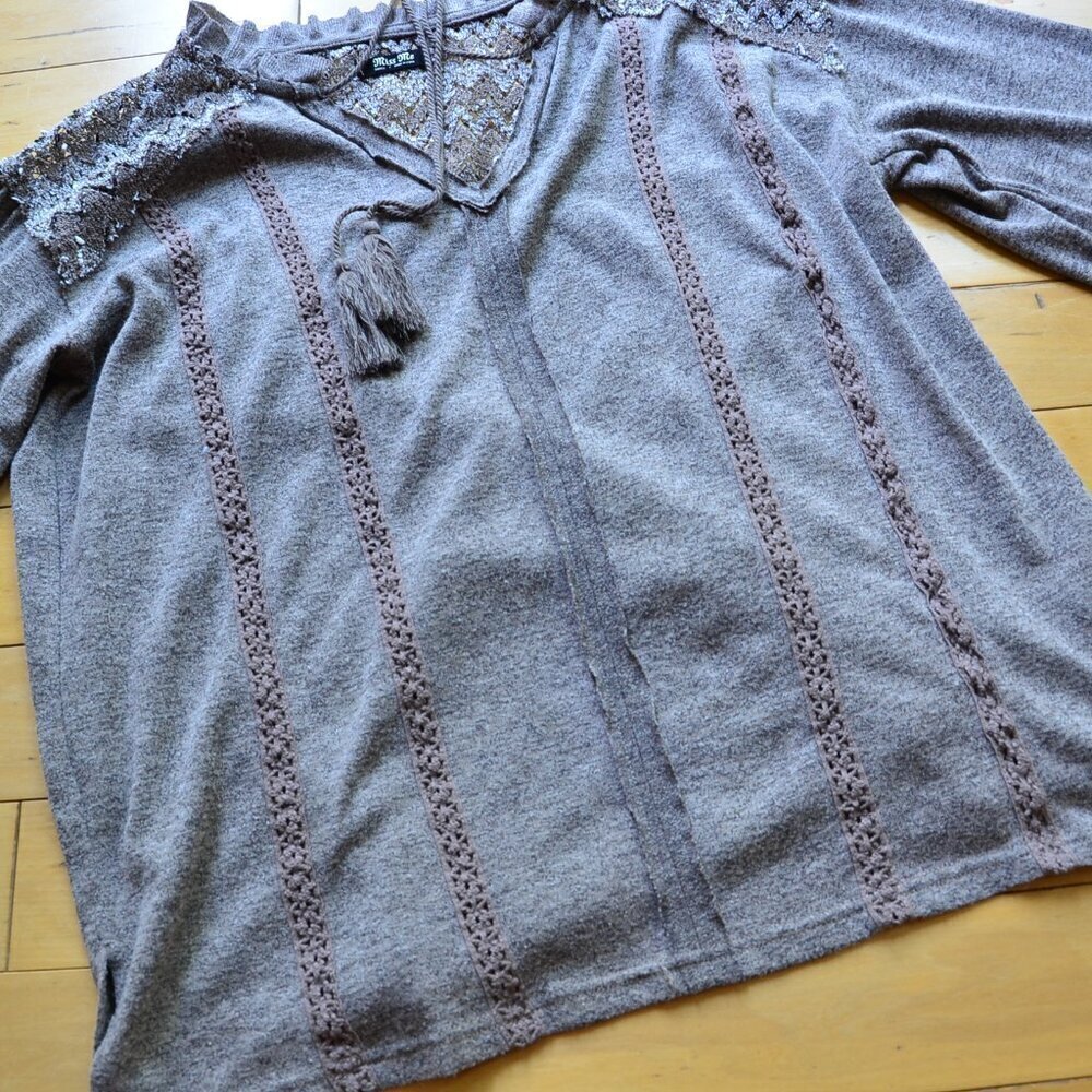 MISS ME Cotton Blend Tribal Gray Long Sleeve Tassel Sweater - Picture 7 of 13